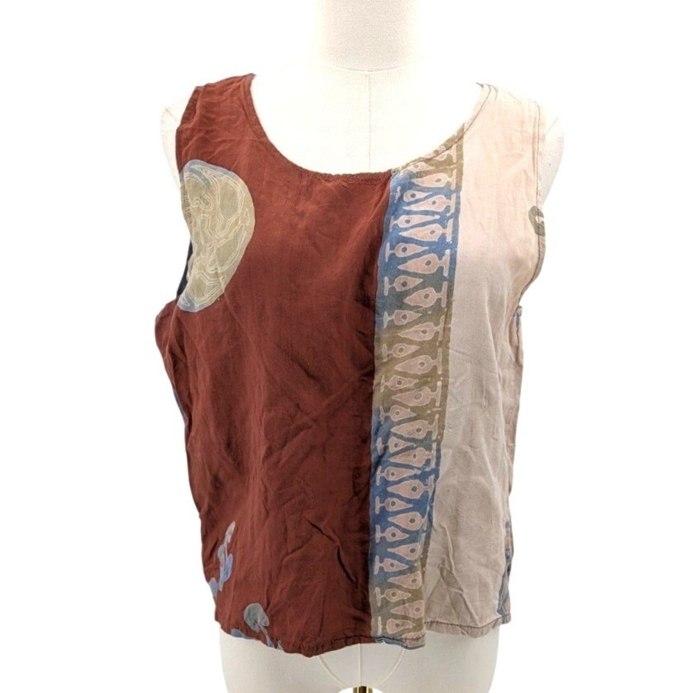 Printed Patchwork Tank Top‎ Rayon Colorblock Boho Art Sleeveless Blouse M